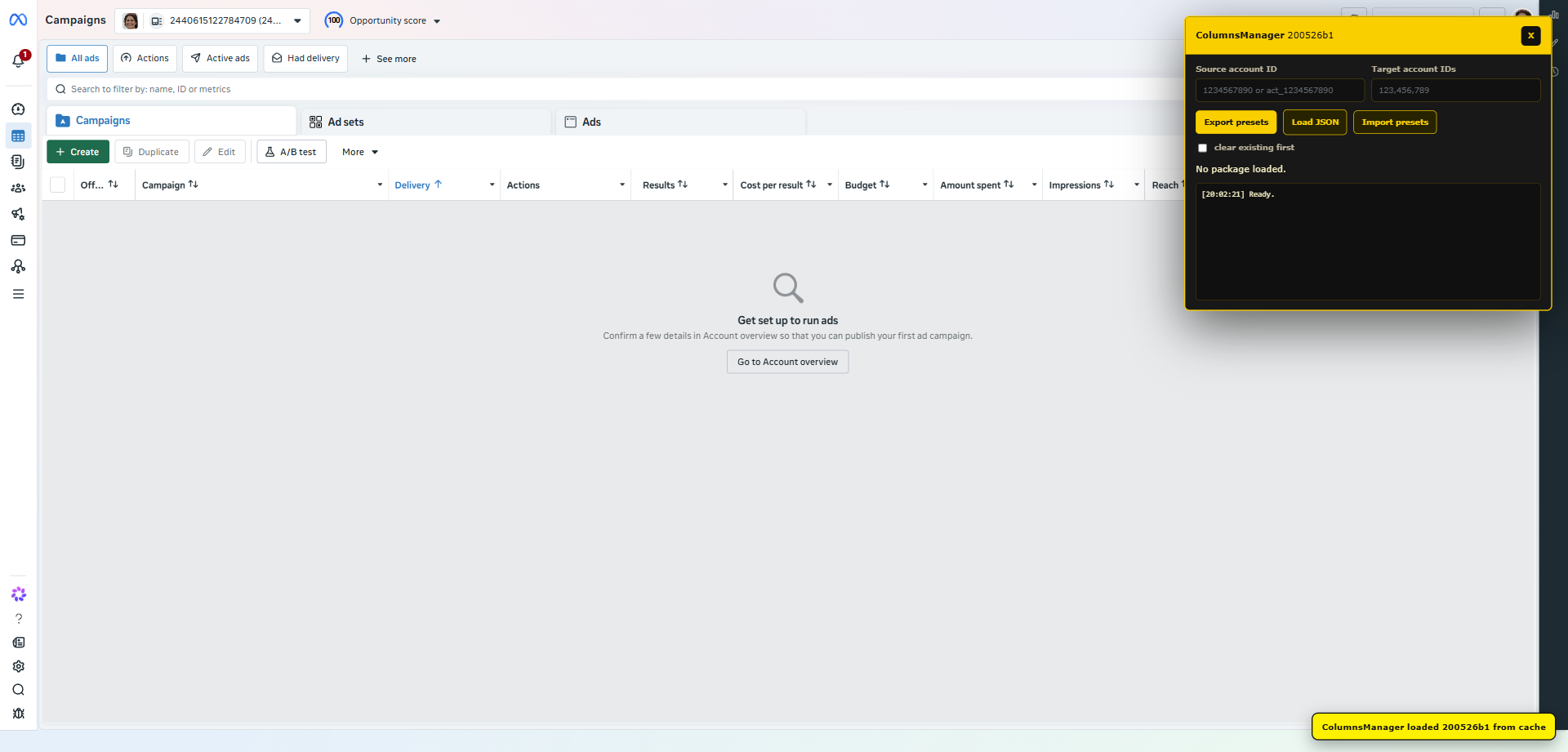 ColumnsManager running inside Facebook Ads Manager